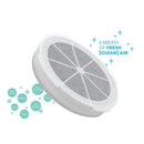 Fridababy air purifier replacement filter, featuring a gray mesh design with text promoting fresh air cleaning.