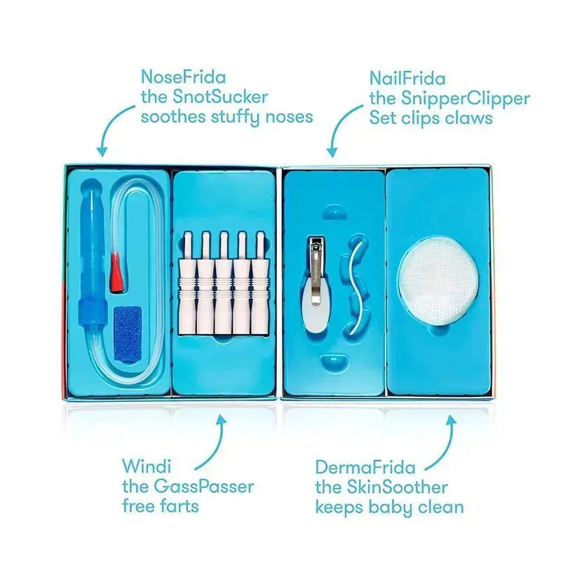 Fridababy Baby Basics Kit includes tools like NoseFrida, NailFrida, Windi, and DermaFrida for baby care.
