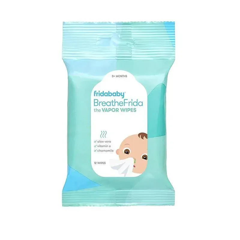 Fridababy BreatheFrida Vapor Wipes package, featuring a baby graphic, lists benefits like aloe vera and chamomile, contains 12 wipes.