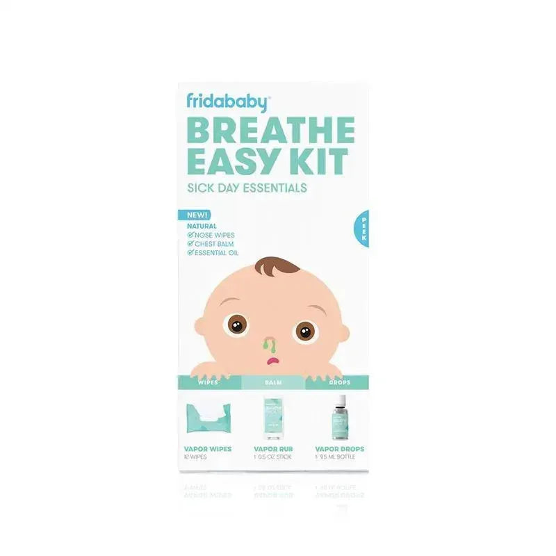 Fridababy Breathe Easy Kit includes vapor wipes, vapor rub, and vapor drops, designed for sick day relief with a baby graphic.