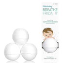 Three white BreatheFrida vapor bath bombs, labeled for soothing bath use, with eucalyptus scent, packaged beside a cartoon child.
