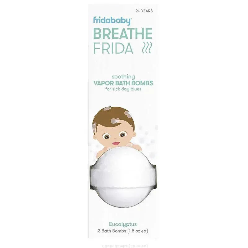 FridaBaby Breathefrida Vapor Bath Bombs packaging features a smiling child, highlighting soothing eucalyptus bath bombs for kids.