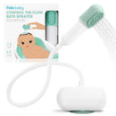 Fridababy Control The Flow Bathtub Sprayer Attachment in white and mint green with a flexible hose, designed for easy baby bathing.