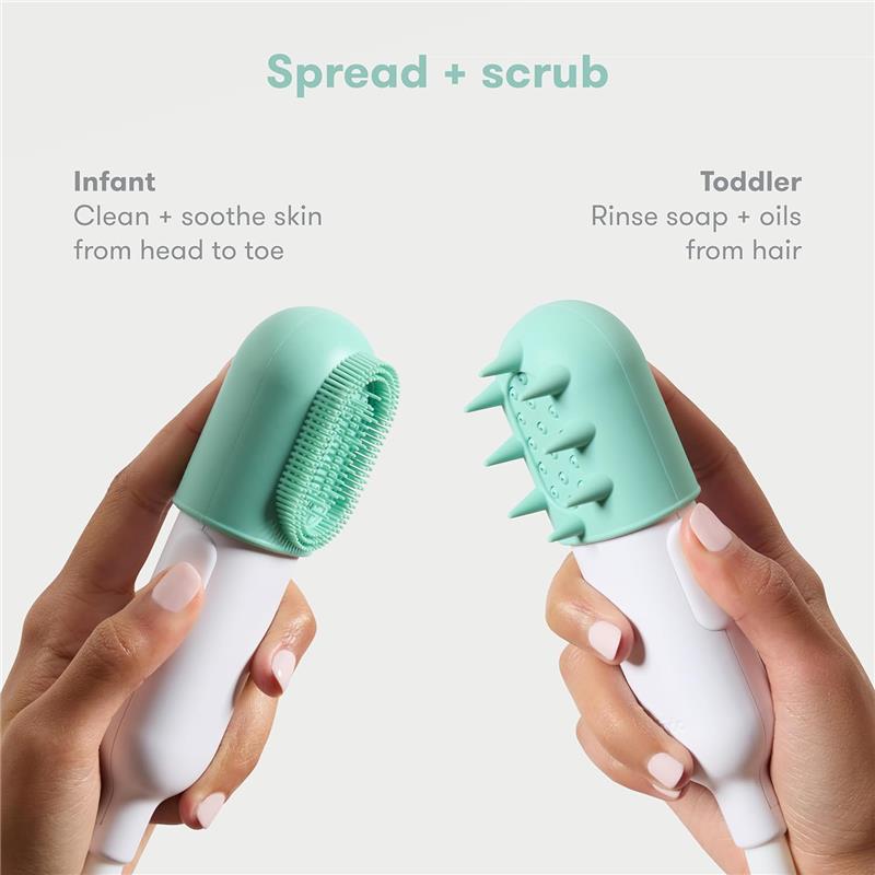 Bathtub sprayer attachment with dual sides: one for infants to soothe skin and one for toddlers to rinse hair.