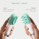 Bathtub sprayer attachment with dual sides: one for infants to soothe skin and one for toddlers to rinse hair.