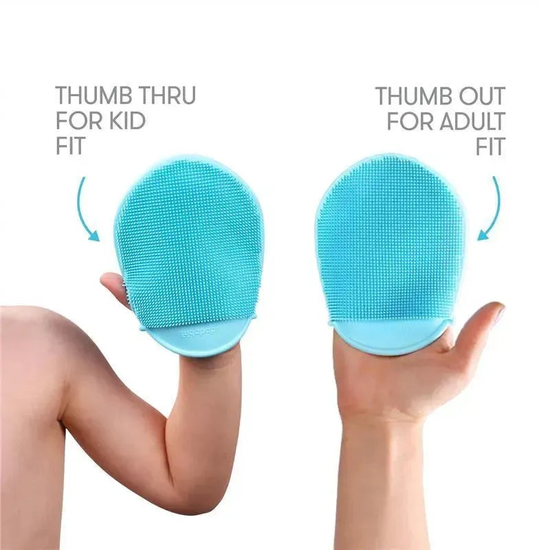Fridababy DermaFrida Bath Mitt demonstrates its dual-fit feature, showcasing a kid fit with thumb through and an adult fit with thumb out.