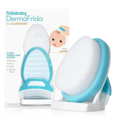 Fridababy 3-Step Cradle Cap System featuring a sponge, brush, and comb; includes a storage stand and instructions.