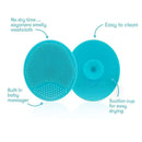 Fridababy 2Pk Dermafrida Skinsoother, blue silicone pad with textured surface, suction cup for easy drying, and built-in massager.