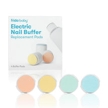 Fridababy Electric Nail Buffer replacement pads in pastel colors, packaged with four pads visible in circular holders.