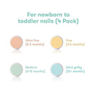 Replacement heads for Fridababy electric nail buffer, labeled for age-specific use: ultra fine, fine, medium, ultra gritty.