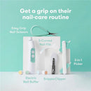 Electric Nail Buffer Replacement Heads kit featuring nail scissors, nail file, picker, and clipper on a mint background.