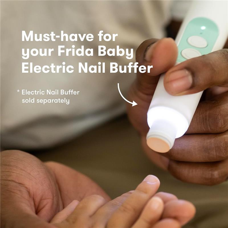 Replacement heads for Fridababy Electric Nail Buffer, shown in hand with a baby’s foot nearby.