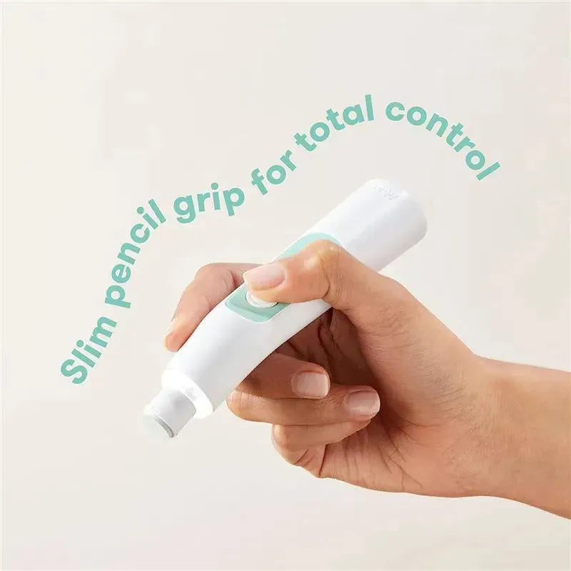 Electric nail buffer held in hand, featuring a slim grip design for control, with text highlighting user experience.