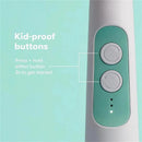 Electric Nail Buffer by Fridababy featuring kid-proof buttons and instructions for use, against a mint green background.