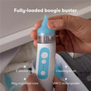 Electric Nasal Aspirator NoseFrida in hand, featuring a blue tip, buttons, and text highlighting key features and accessories.