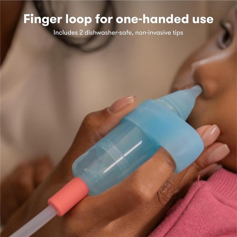 Electric Nosefrida Pro in use, featuring a finger loop and pink nozzle for safe, one-handed suction on a child.