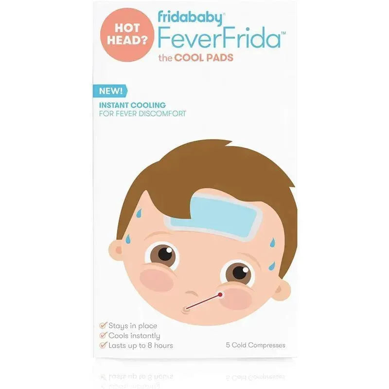 FeverFrida Cool Pads packaging showing a child with a cold compress on the forehead, promoting instant cooling for fever discomfort.