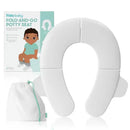 Fold-and-Go Potty Seat for toddlers, white, with a travel bag, designed for easy toilet use on the go.
