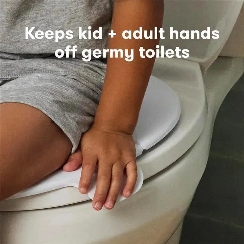 Foldable Fridababy potty seat on a toilet, featuring a child’s hand resting on it with accompanying text about hygiene.