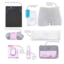Frida Mom Delivery & Postpartum Hospital Packing Kit including a gown, peri bottle, ice maxi pads, postpartum underwear, socks, healing foam, and essential bag.