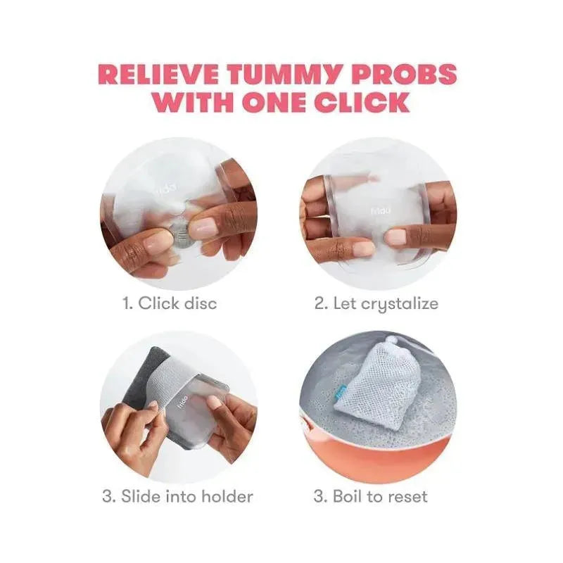 Fridababy Gas + Colic Heating Pad instructions, showing four steps: clicking the disc, letting it crystallize, sliding into holder, and boiling to reset.