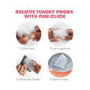 Fridababy Gas + Colic Heating Pad instructions, showing four steps: clicking the disc, letting it crystallize, sliding into holder, and boiling to reset.