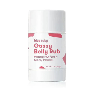Fridababy Gassy Belly Rub, a 1.1 oz stick for relieving gas and tummy issues, with instructions to massage out discomfort.