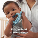 Muted blue FridaBaby Get-A-Grip teether held by a baby, promoting ease of use at any development stage.