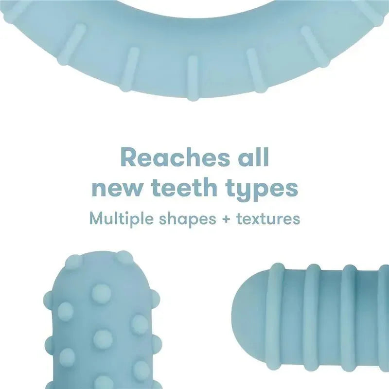 Muted blue FridaBaby Get-A-Grip Teether showcasing multiple textured shapes for soothing teething relief.