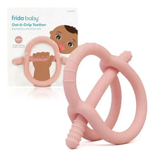 FridaBaby Get-A-Grip Teether in muted pink, featuring multiple textures and shapes for teething relief, packaged in a colorful box.
