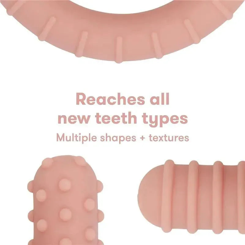 Muted pink FridaBaby Get-A-Grip teether with various textures and shapes for comforting teething.
