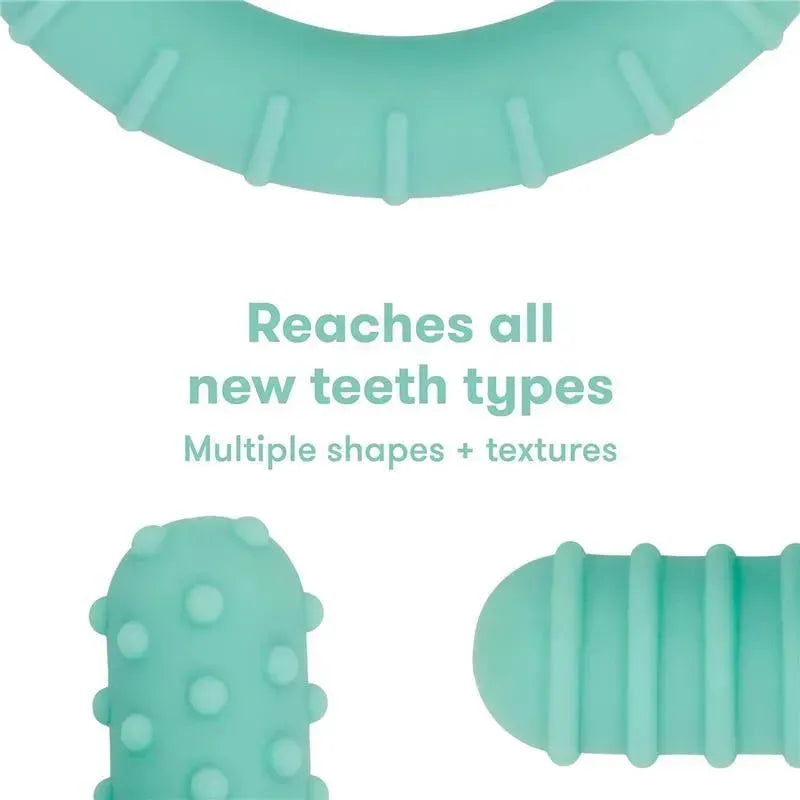 Vibrant teal FridaBaby Get-A-Grip Teether, featuring multiple shapes and textures for teething relief.