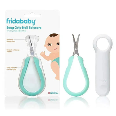 Fridababy Easy Grip Nail Scissors with rounded safety tips, smooth blades, and a white safety case, designed for safe nail trimming.