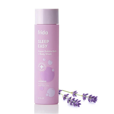 Fridababy Sleep Easy Lavender Bubble Bath and Body Wash in a 10oz bottle with lavender sprigs nearby.