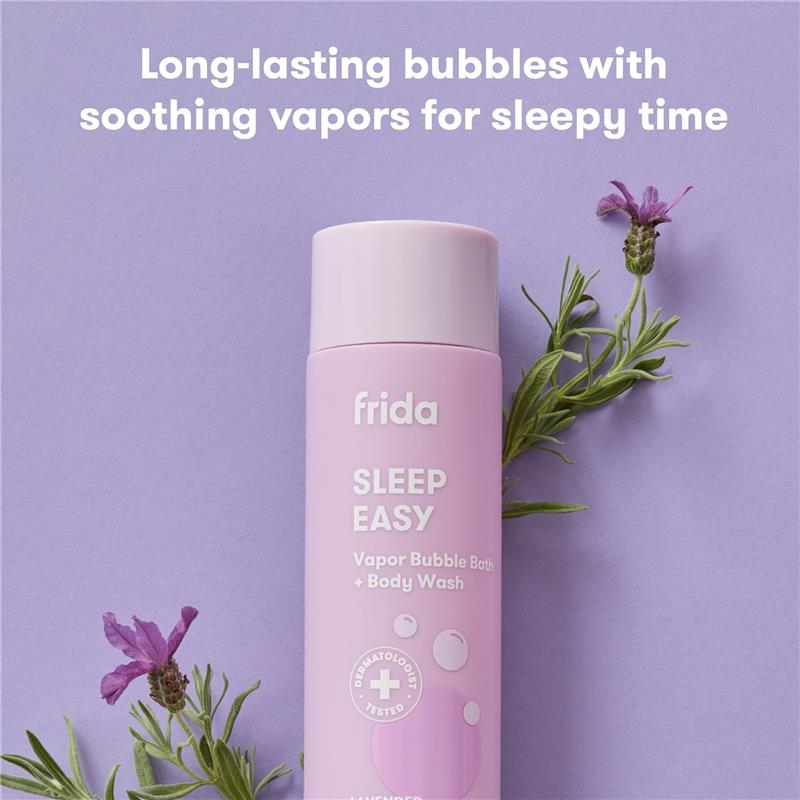 Fridababy Sleep Easy Vapor Bubble Bath & Body Wash, 10oz bottle, with lavender flowers and calming text on a lilac background.