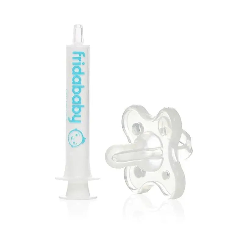 FridaBaby MediFrida Accu-Dose pacifier medicine dispenser and syringe, featuring a clear pacifier and branded syringe.