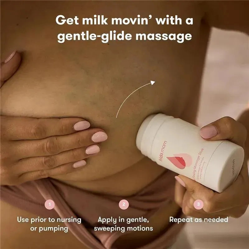 Fridababy Milk Flowing Massage Stick is shown on skin with one hand applying it; includes instructions for use.