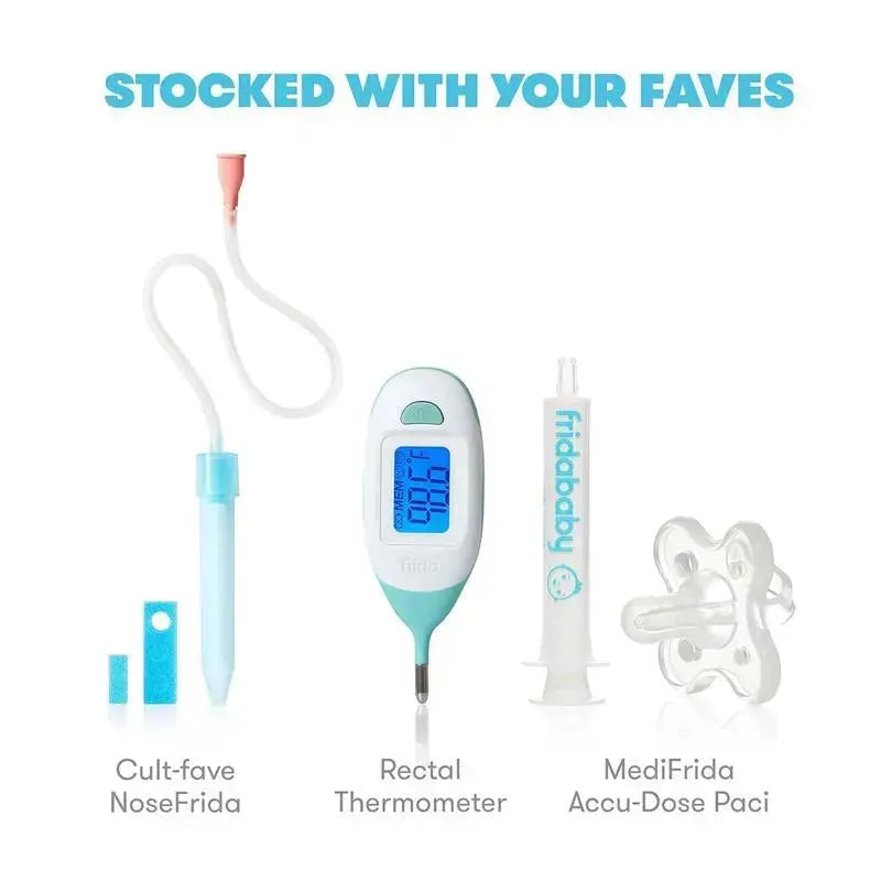 FridaBaby Mobile Medicine Cabinet Travel Kit featuring NoseFrida, Rectal Thermometer, and MediFrida Accu-Dose Paci.