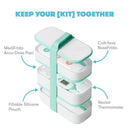 Mobile Medicine Cabinet Travel Kit features stacked compartments including MediFrida Accu-Dose Paci, NoseFrida, and a thermometer.