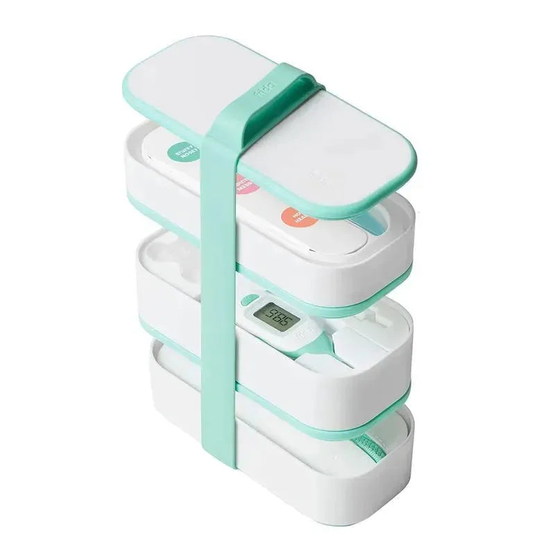FridaBaby Mobile Medicine Cabinet Travel Kit with stacked compartments and digital thermometer displayed.