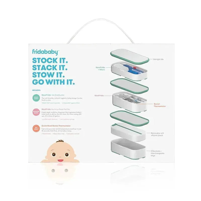 FridaBaby Mobile Medicine Cabinet Travel Kit, showing product features and included items, with a baby graphic.