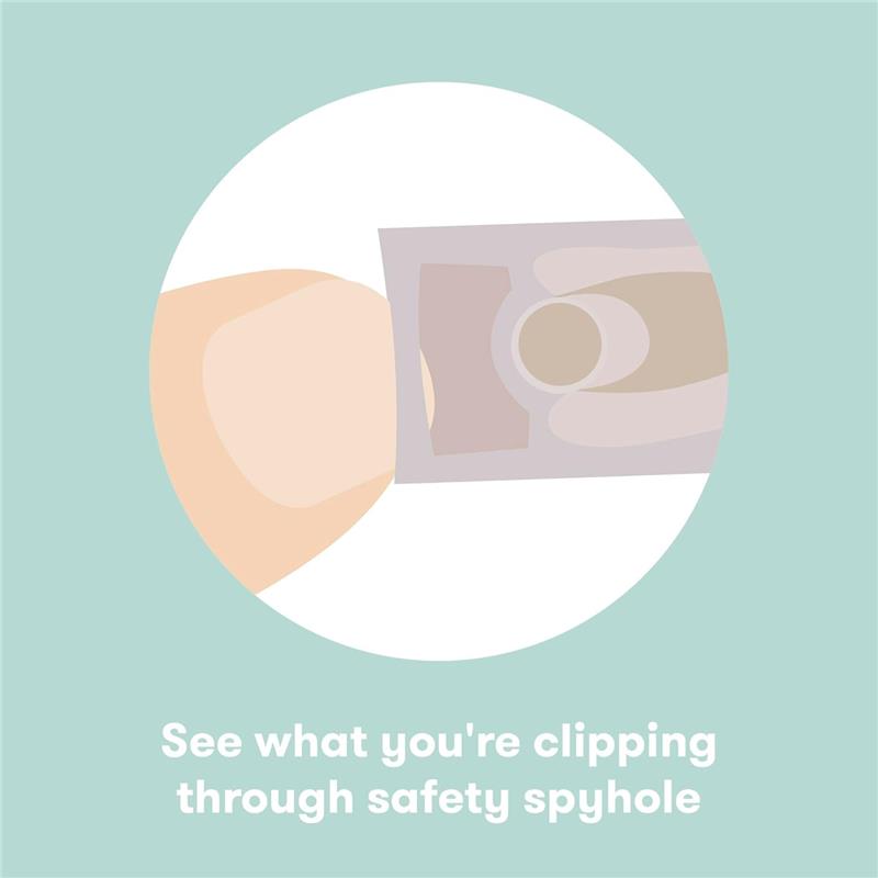 Nailfrida The Snipperclipper Set shows a hand holding a nail clipper with a clear safety spyhole for visibility.