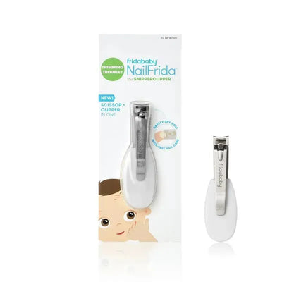 Fridababy Nailfrida The Snipperclipper Solo, a nail scissor and clipper in one, displayed on packaging with a baby graphic.