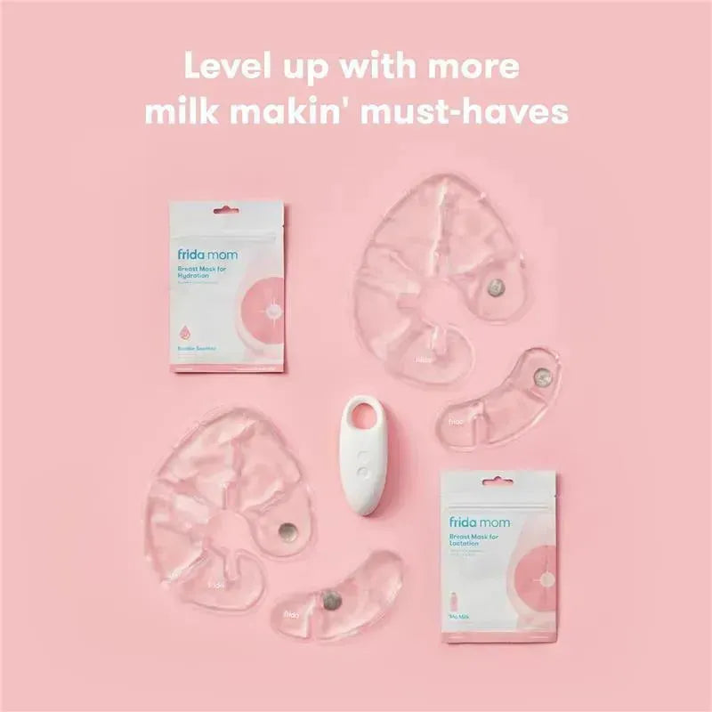 Frida Mom No-Mess Nipple Cream, featuring a breast mask pack and silicone breast masks on a pink surface.