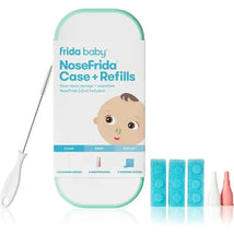 FridaBaby NoseFrida Case + Refills includes a storage case, cleaning brush, two mouthpieces, and hygiene filters for baby care.