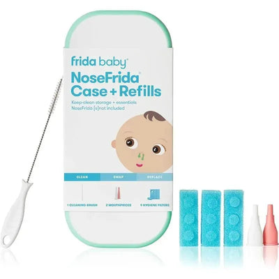 FridaBaby NoseFrida Case + Refills includes a storage case, cleaning brush, two mouthpieces, and hygiene filters for baby care.