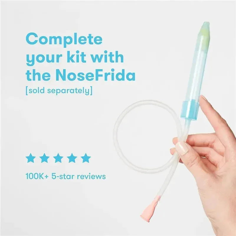 NoseFrida case and refill product, held in hand, with blue text promoting the NoseFrida and 100K+ 5-star reviews.
