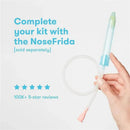 NoseFrida case and refill product, held in hand, with blue text promoting the NoseFrida and 100K+ 5-star reviews.