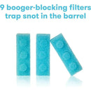 Nine blue booger-blocking filters designed to trap snot, showing three stacked filters with circular textures.