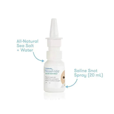 Fridababy NoseFrida Saline Snot Spray, a 20 mL nasal mist with all-natural sea salt and water for moisture.